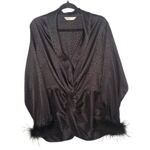 Intempo Womens 2X Black Satin Jacquard Animal Print Feather Cuff Twist Front Top